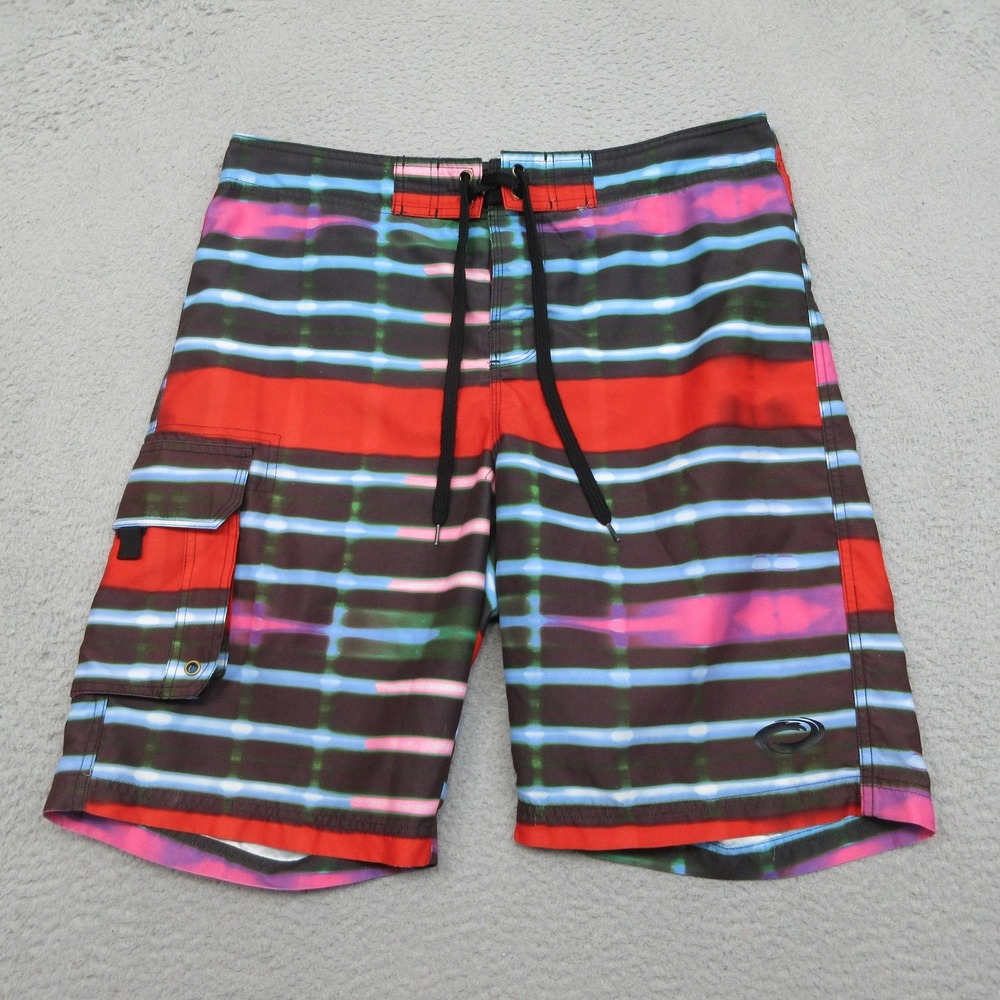 O'Rageous Board Shorts Mens 34 Black Multicolor Stripe‎ Surf Swim Trunks Cargo